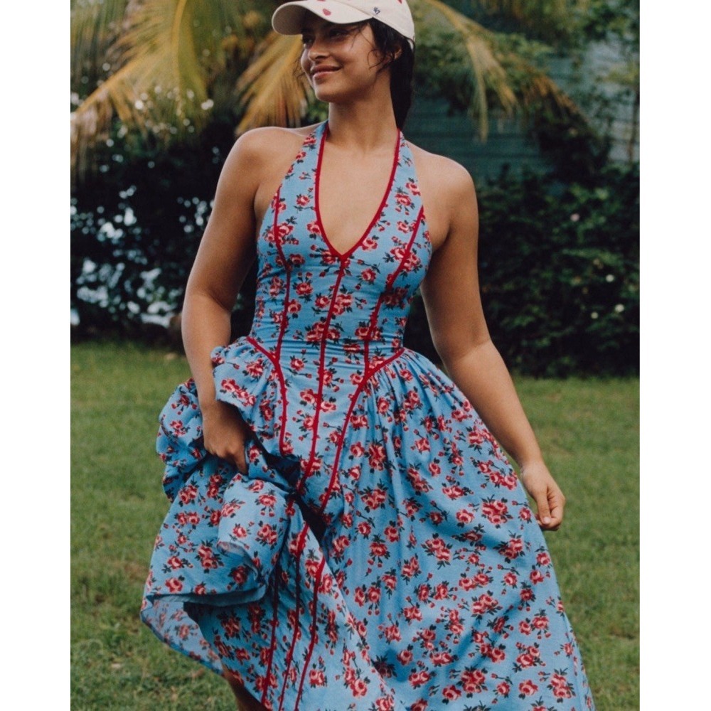 Anthropologie Vibrant Floral Halter Fit And Flare Maxi Dress Womens S Red/Blue